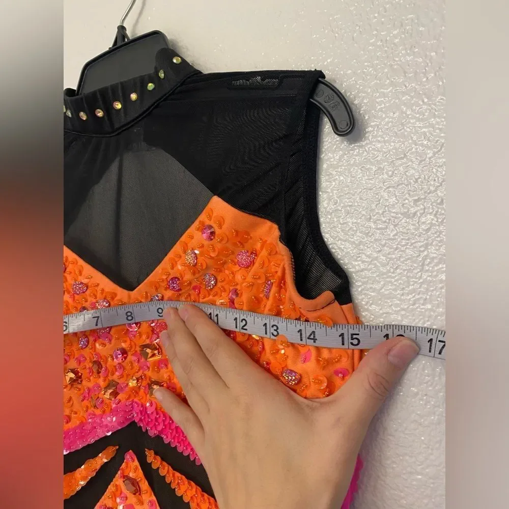 Glamour solo dance costume orange black sleeveless illusion MA medium adult